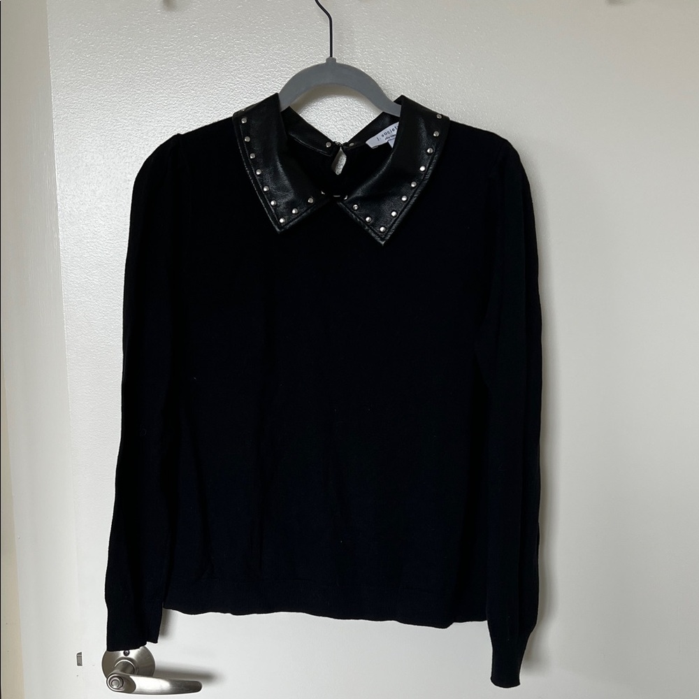 Society Black Sweater with Studded Leather Collar